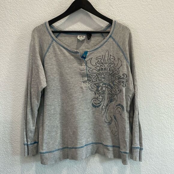 Harley Davidson Gray with Blue Stitching Long Sleeve Thermal Top Size XL - Picture 1 of 7